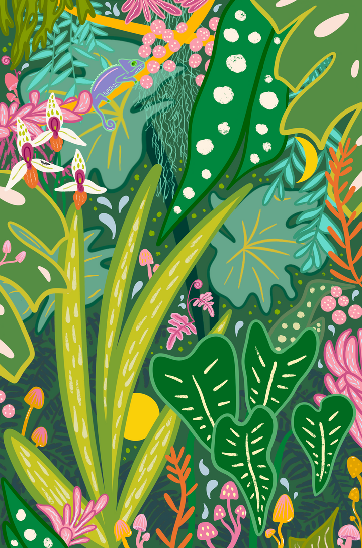 "Into the Jungle" Eco Recycled Greeting Card w. Hand-Drawn Art + Recycled Envelope, Blank inside (Grow & Bloom)