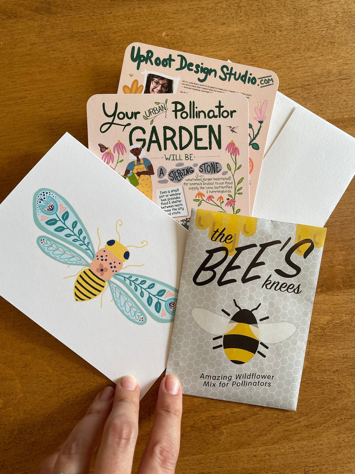 Wildflower Bee Garden Greetings Kit w. Non-GMO Seeds, Infosheets + Folk Art Greeting Card with Hand-drawn Bee Art (Celebrate Pollinators)