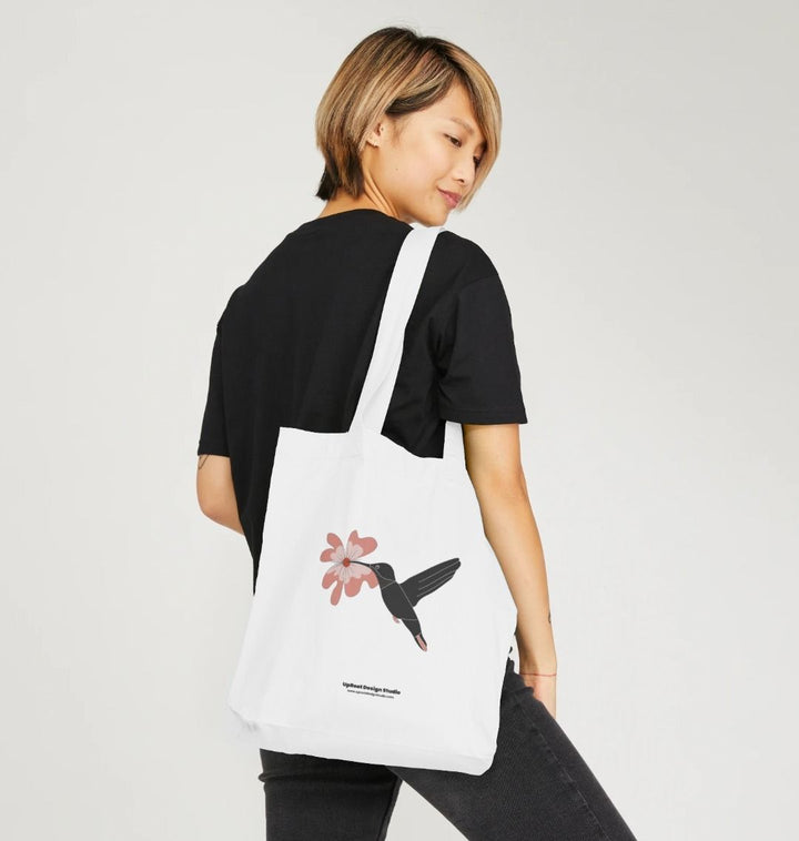 100% Organic Cotton Tote Bag - Nordic Hummingbird with Hibiscus Flower