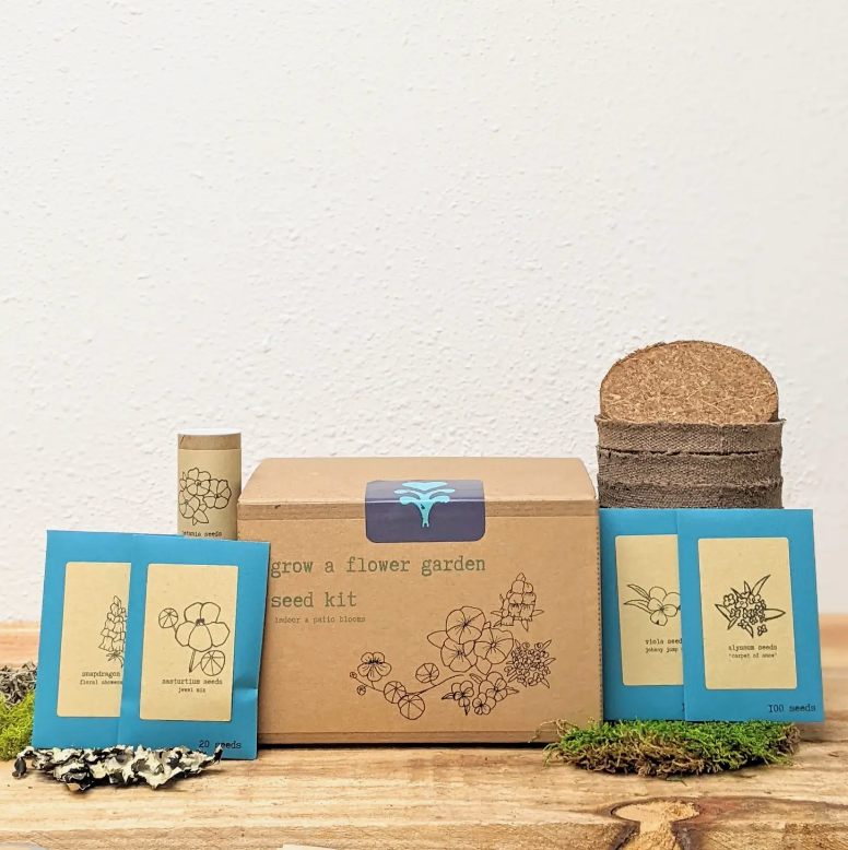 Pollinator Flower Garden Growing Kit w. with planters, soil pod & seeds for Viola, Petunia, Alyssum, Snapdragon & Nasturtium Blooms  (Get Growing)