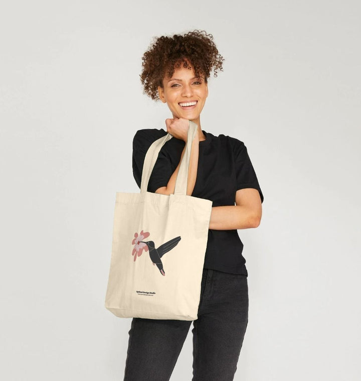 100% Organic Cotton Tote Bag - Nordic Hummingbird with Hibiscus Flower