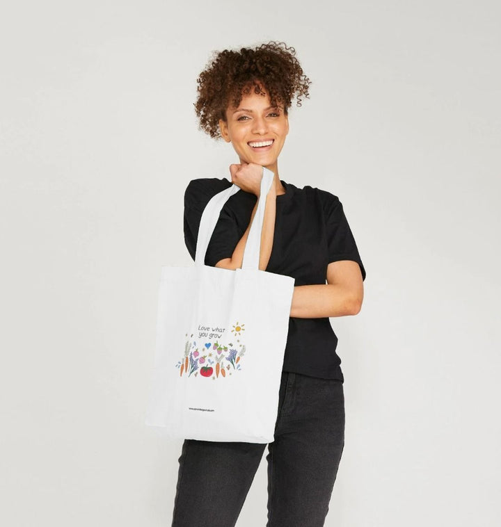 "Love What You Grow" Garden Party 100% Organic Cotton Grocery Tote Bag w. vegetables, fruit, raindrops, stars & sun