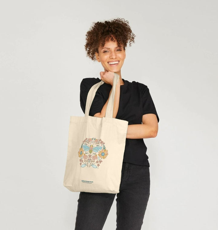 Hand-drawn Bee Folk Art Tote w. Wildflowers & Sunflowers Symmetrical Art (Celebrate Pollinators)