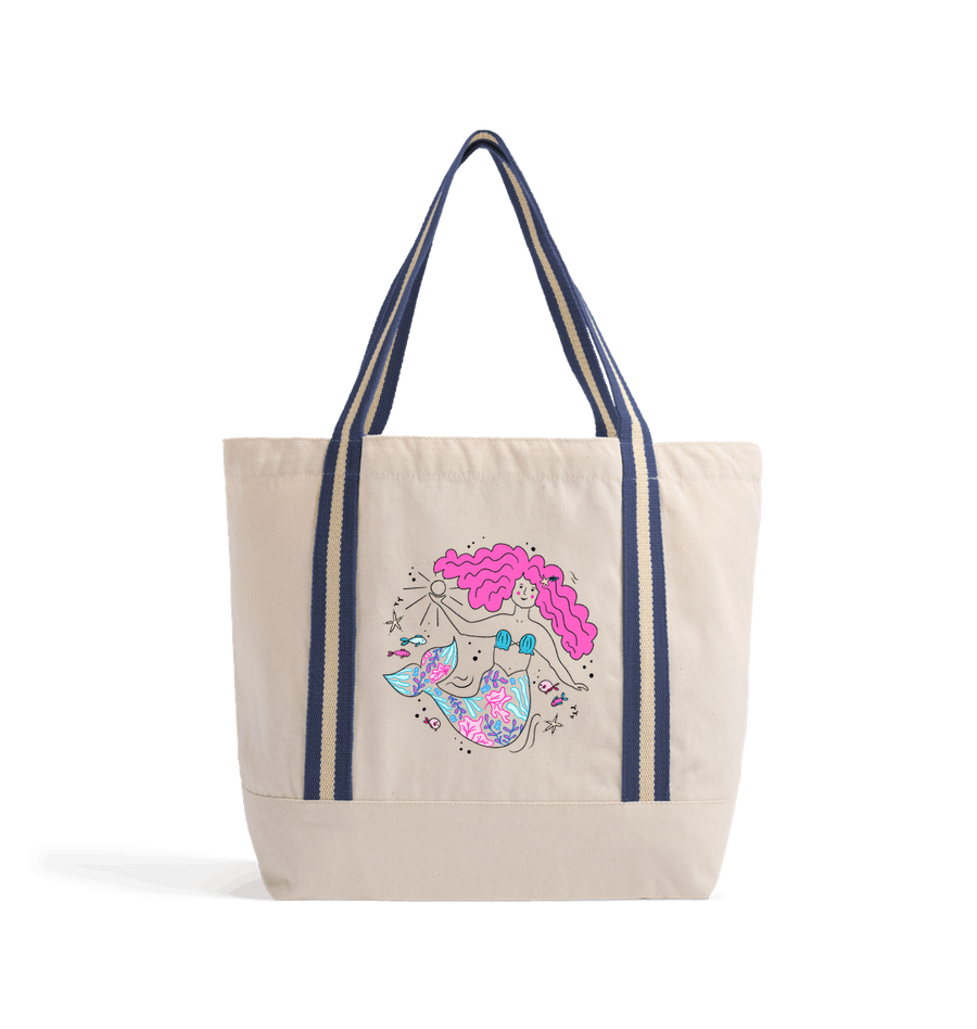 Natural/French Navy Heat Transfer Bag Front