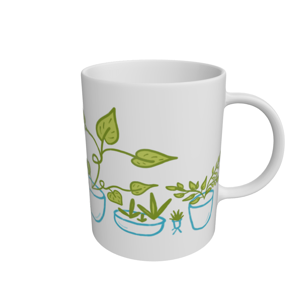 White Whimsical Plants in Teal Pots Eco-Friendly Mug (White 110z)