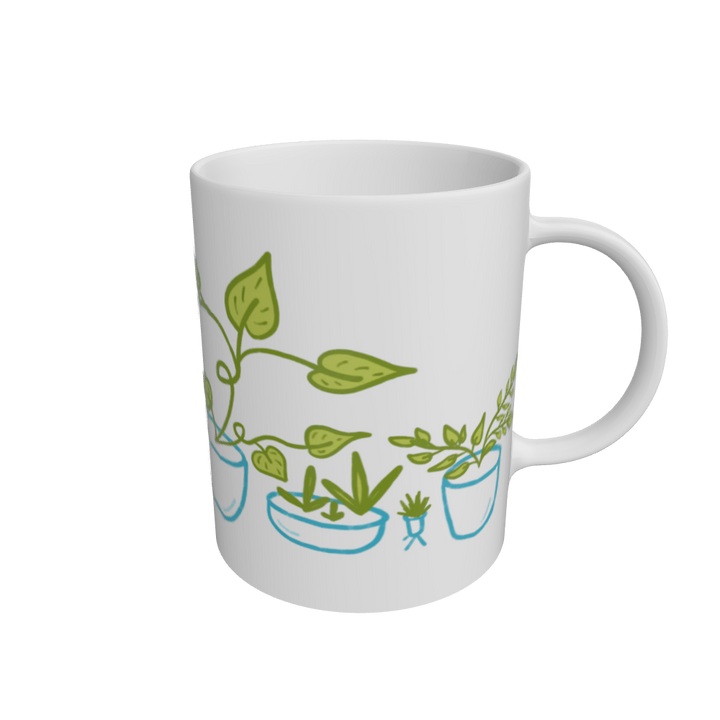 White Whimsical Plants in Teal Pots Eco-Friendly Mug (White 110z)