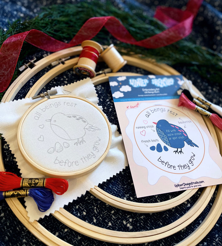 "Cozy Stitches" Trio Gift Set: Eco-Embroidery Kit, Mindfulness Journal, Mint Tea, Honey, Greeting Card (Winter Dreaming)