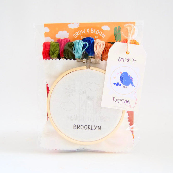 "Brooklyn" Green Cities Eco-Embroidery Kit w. Apartment Gardens, Flowers, Clouds, Tree & Sun 4" Sampler (Joyful Threads Grow & Bloom)