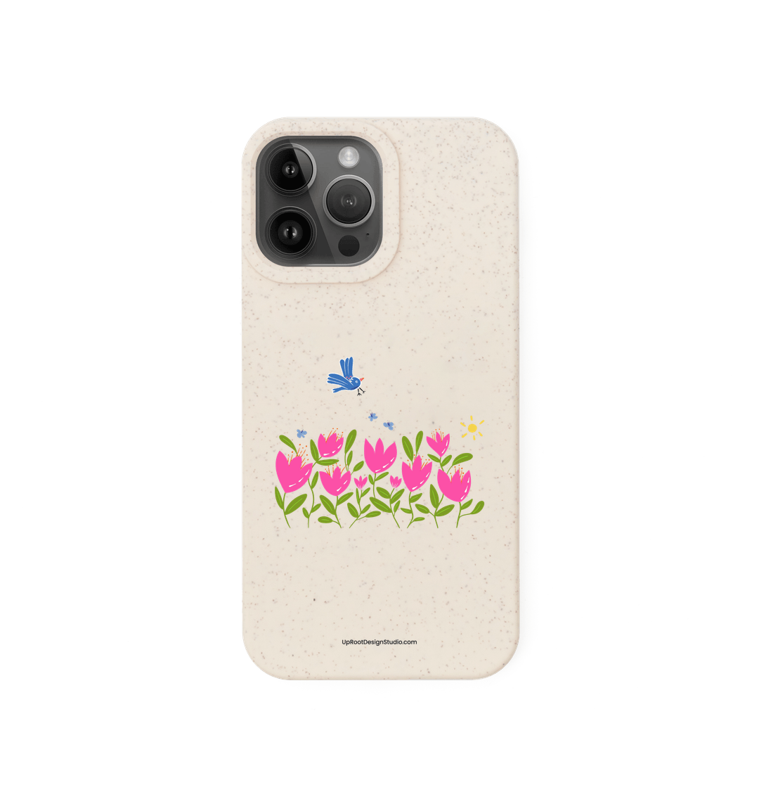 Natural Breezy Pink Tulips with Blue Flying Bird & Butterflies Eco-Friendly Phone Case (Oatmeal)