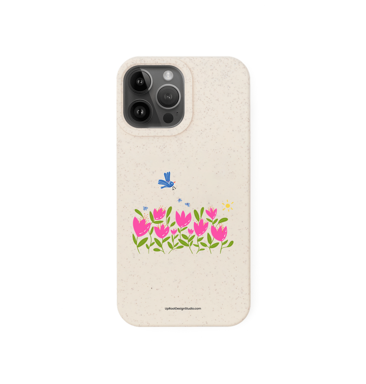 Natural Breezy Pink Tulips with Blue Flying Bird & Butterflies Eco-Friendly Phone Case (Oatmeal)