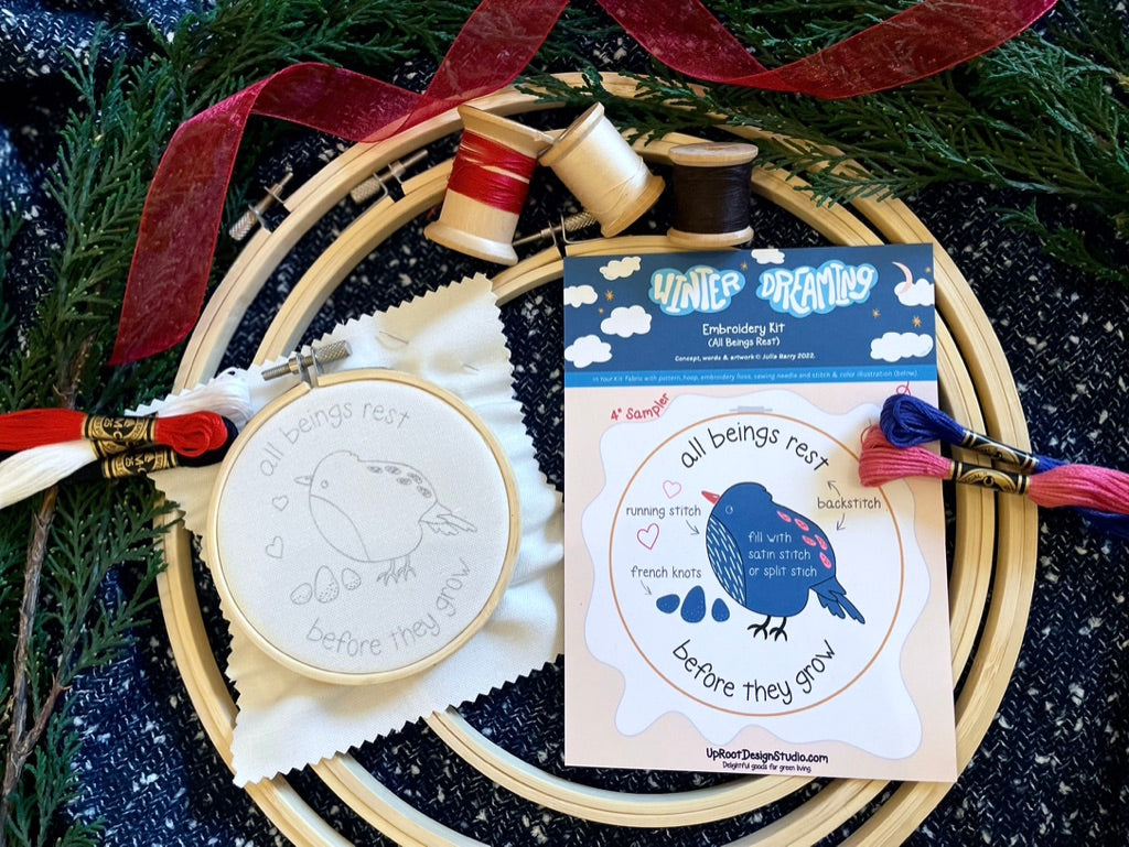 "Cozy Stitches" Trio Gift Set: Eco-Embroidery Kit, Mindfulness Journal, Mint Tea, Honey, Greeting Card (Winter Dreaming)