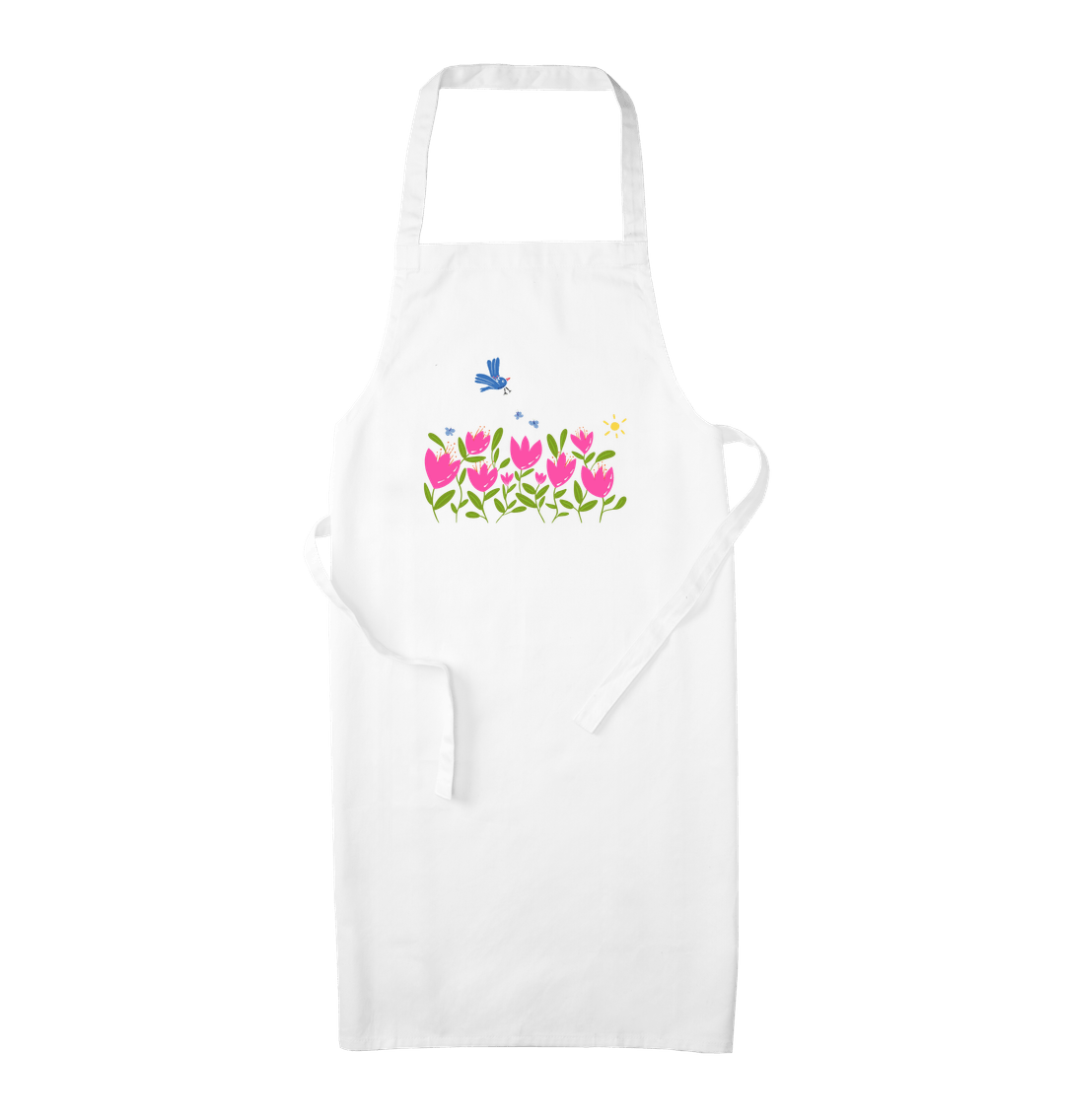 White Breezy Tulips with Blue Flying Bird Organic Apron (White)