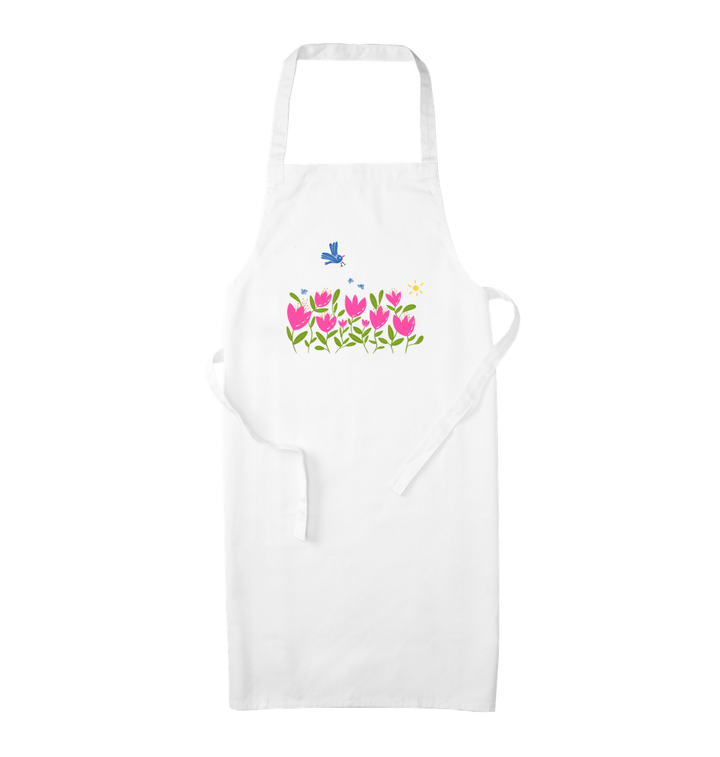 White Breezy Tulips with Blue Flying Bird Organic Apron (White)