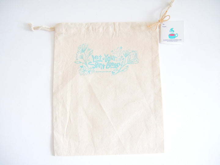 UpRoot 100% Organic Cotton Double Cinch Fabric Gift Bags "Let Your Spirit Bloom" Stamp in Aqua, Black or Green
