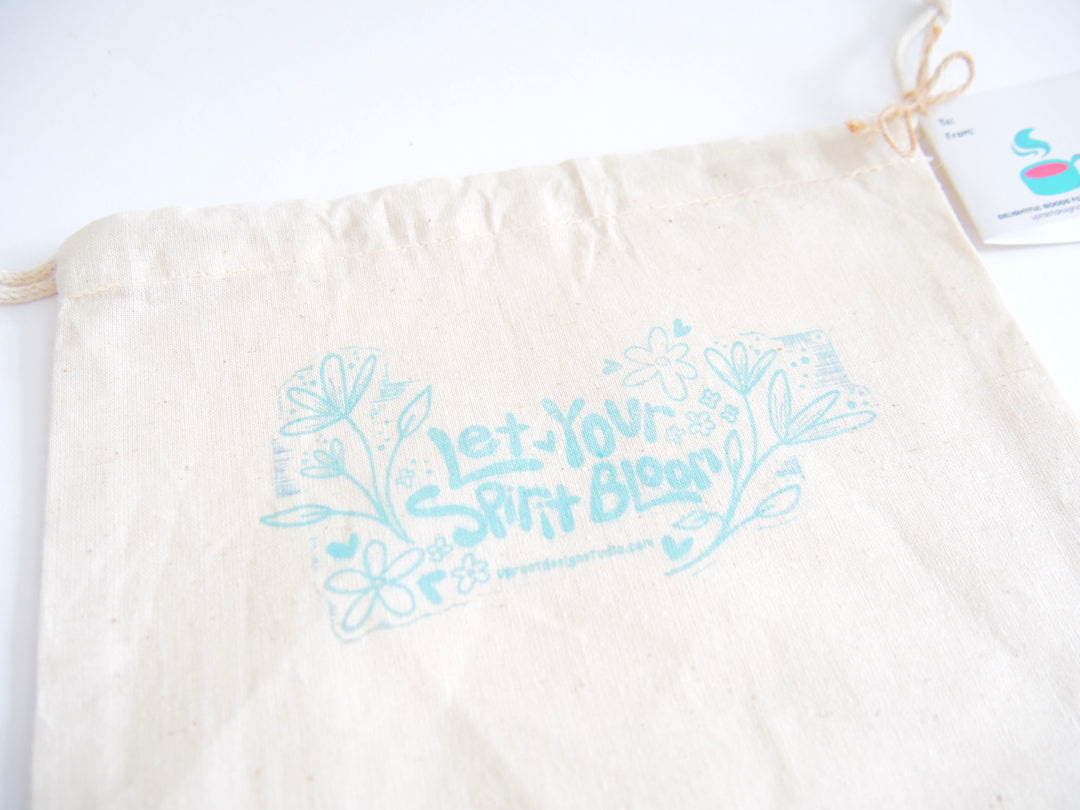 UpRoot 100% Organic Cotton Double Cinch Fabric Gift Bags "Let Your Spirit Bloom" Stamp in Aqua, Black or Green