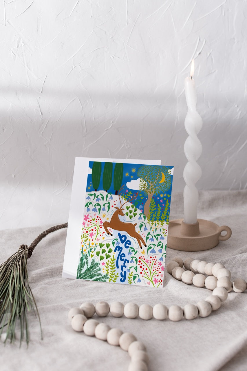 "Be Merry" Hand-Drawn Eco-Greeting Holiday Cards for Christmas