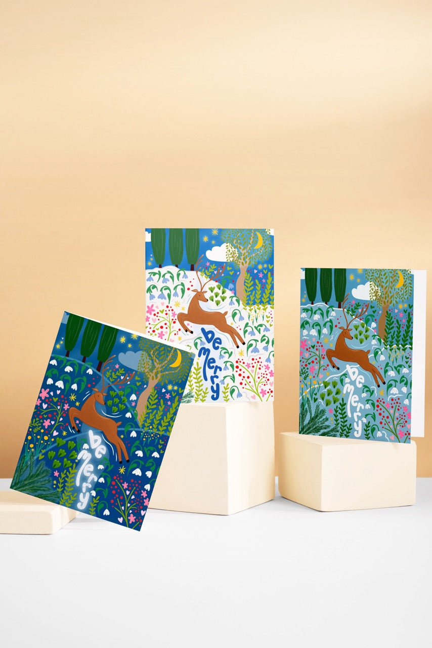 "Be Merry" Hand-Drawn Eco-Greeting Holiday Cards for Christmas
