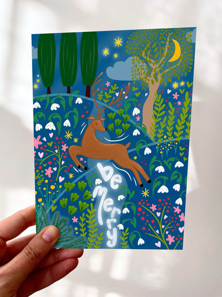 "Be Merry" Hand-Drawn Eco-Greeting Holiday Cards for Christmas