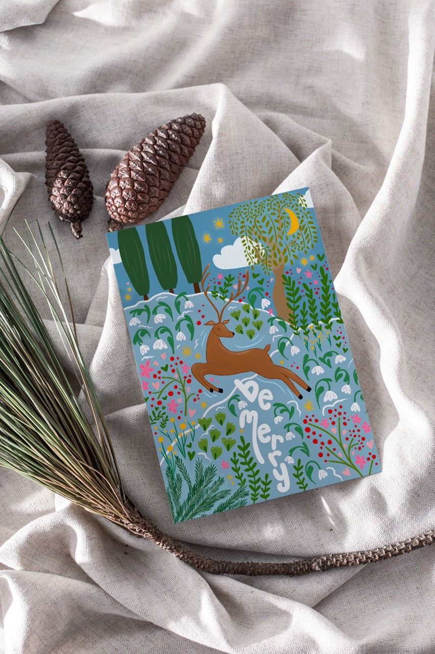 "Be Merry" Hand-Drawn Eco-Greeting Holiday Cards for Christmas