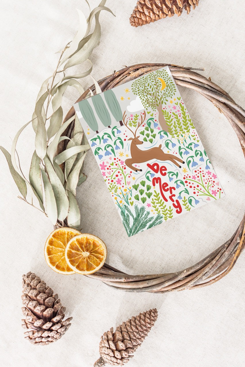 "Be Merry" Hand-Drawn Eco-Greeting Holiday Cards for Christmas