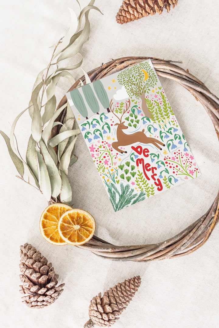 "Be Merry" Hand-Drawn Eco-Greeting Holiday Cards for Christmas