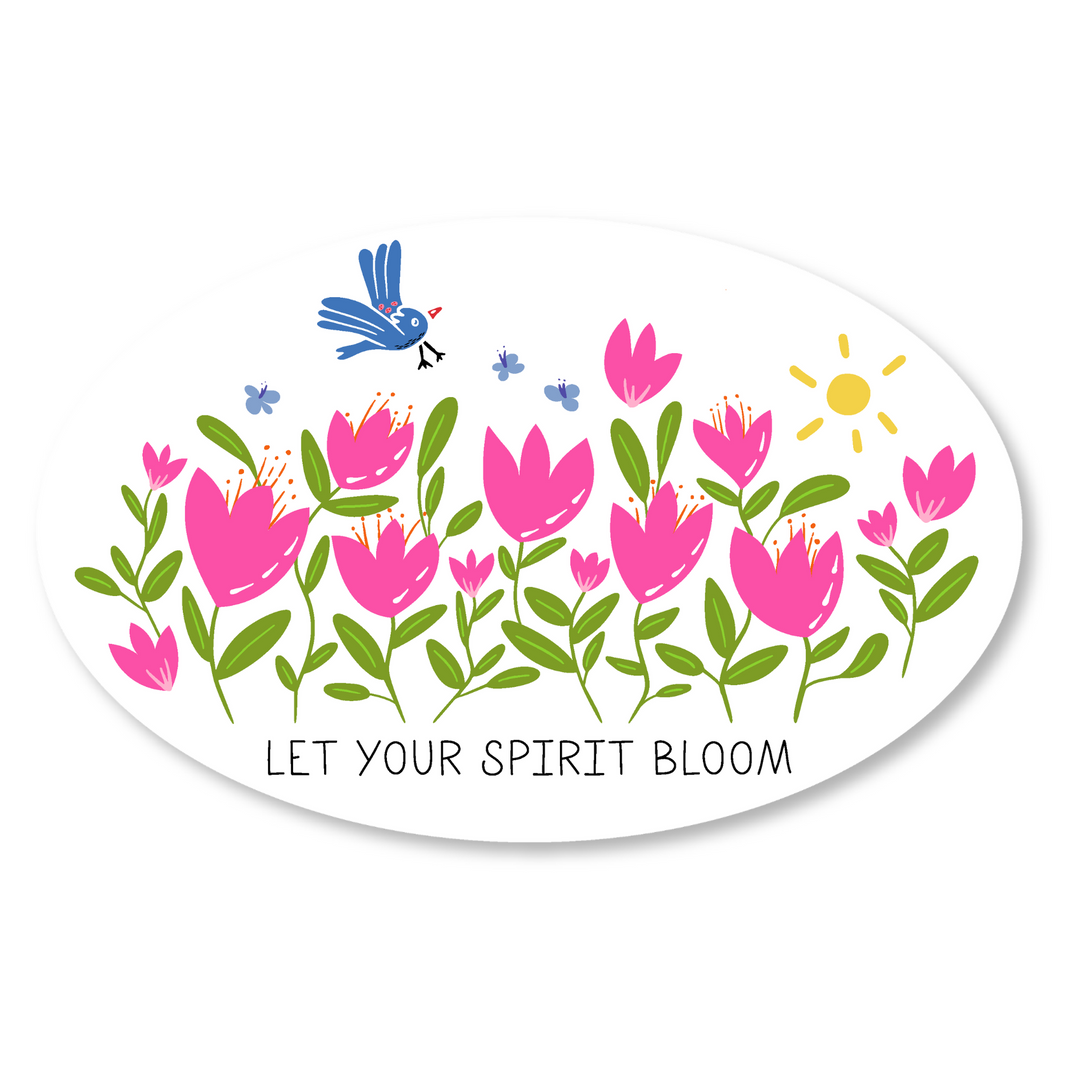 "Blooming Spirit" Round Decal Sticker w. Hand-drawn Flying Bird & Breezy Tulips (Grow & Bloom)