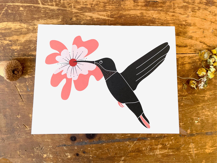Nordic Hummingbird w. Hibiscus Flower - Recycled Hand-Drawn Eco Greeting Card + Recycled Envelope, Blank inside (Words of Love)