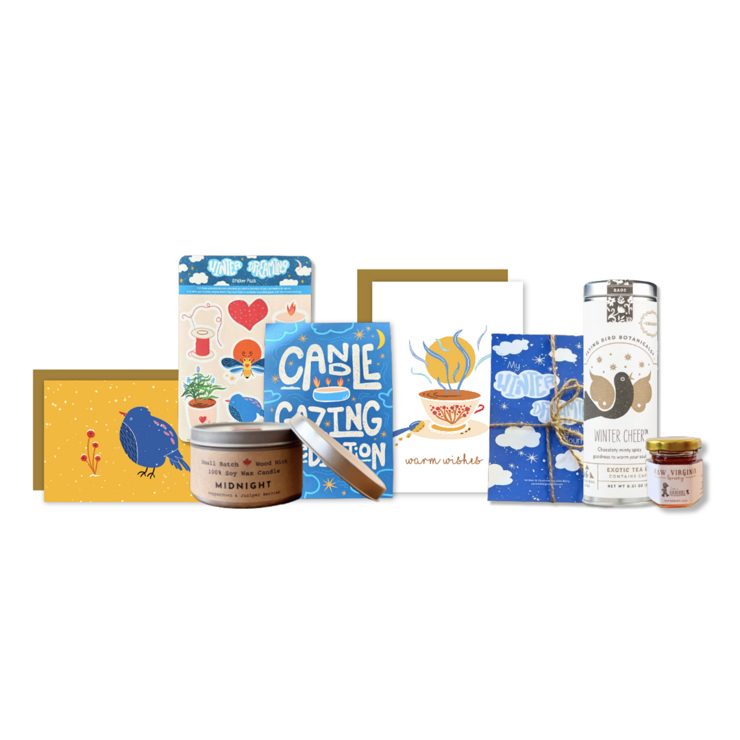 "Celebrate & Sparkle" Gift Box: Winter tea, Honey, Candle, Cards, Sticker, Meditations, Journal (Winter Dreaming)
