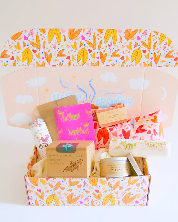 "Cherish" Gift Box: Eye Pillow, Vanilla Hot Chocolate, Soy Candle, Greeting Card, Pink Polka-Dot Plant Kit, Plant Tea Towel, Fig Soap, Stickers (Love in Bloom)