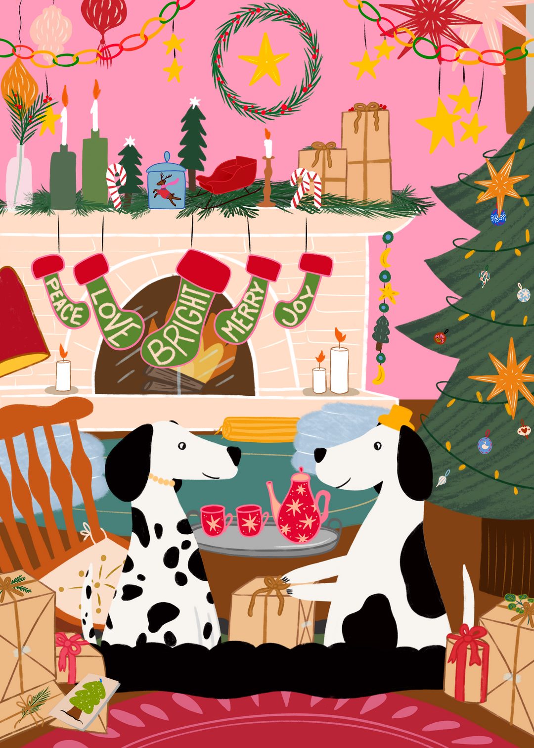 Cozy Fireplace Christmas Dogs Hand-Drawn Eco-Greeting Holiday Cards