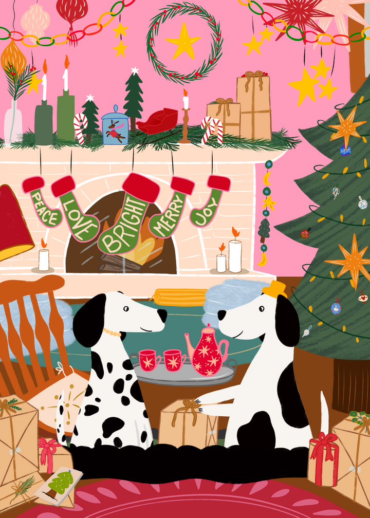 Cozy Fireplace Christmas Dogs Hand-Drawn Eco-Greeting Holiday Cards