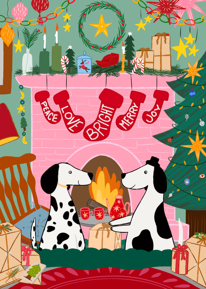Cozy Fireplace Christmas Dogs Hand-Drawn Eco-Greeting Holiday Cards