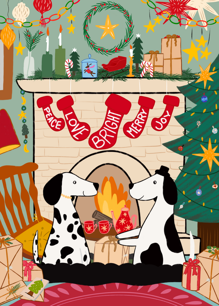 Cozy Fireplace Christmas Dogs Hand-Drawn Eco-Greeting Holiday Cards