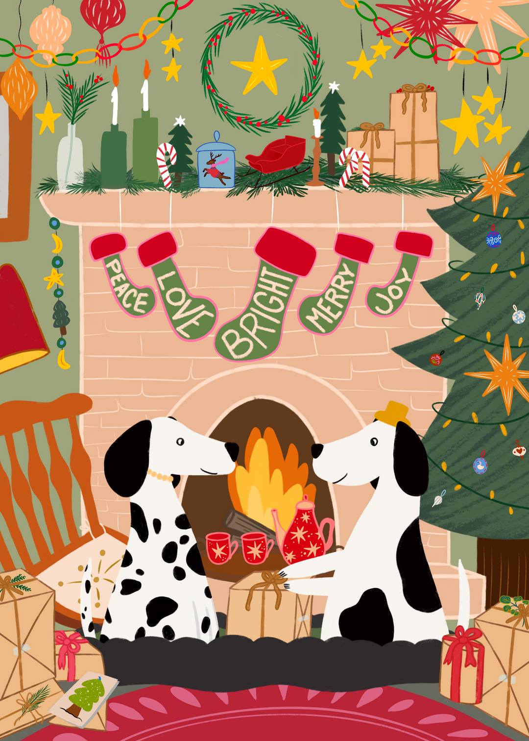 Cozy Fireplace Christmas Dogs Hand-Drawn Eco-Greeting Holiday Cards