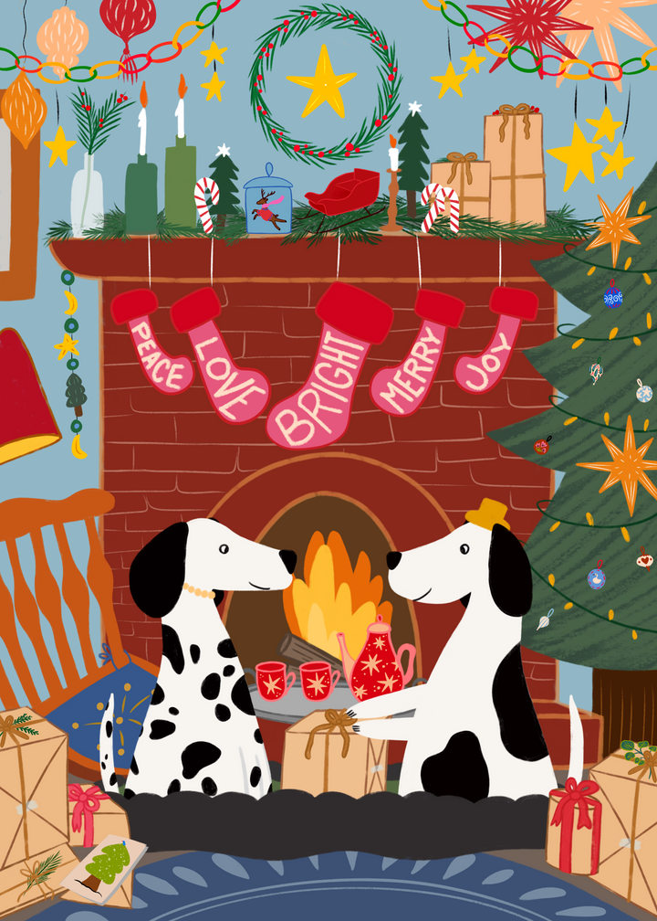 Cozy Fireplace Christmas Dogs Hand-Drawn Eco-Greeting Holiday Cards