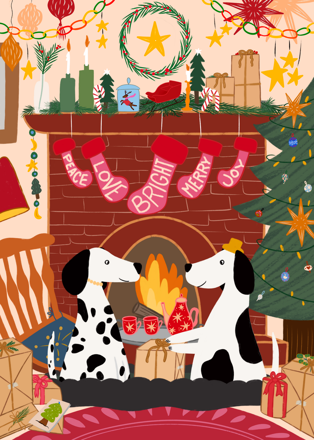 Cozy Fireplace Christmas Dogs Hand-Drawn Eco-Greeting Holiday Cards