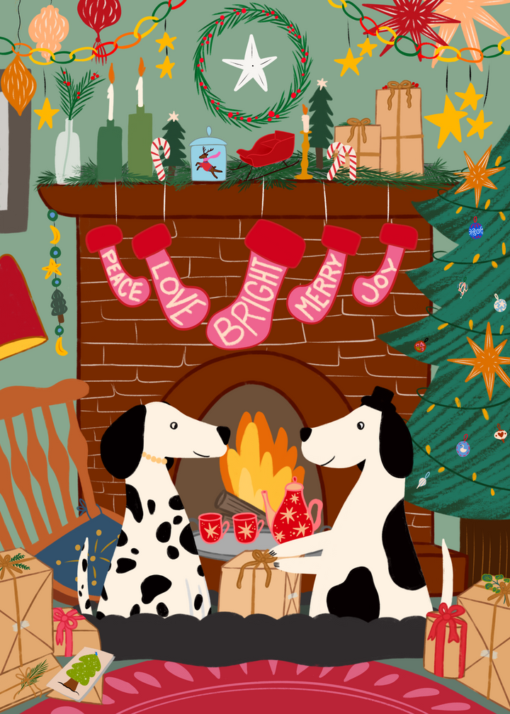 Cozy Fireplace Christmas Dogs Hand-Drawn Eco-Greeting Holiday Cards