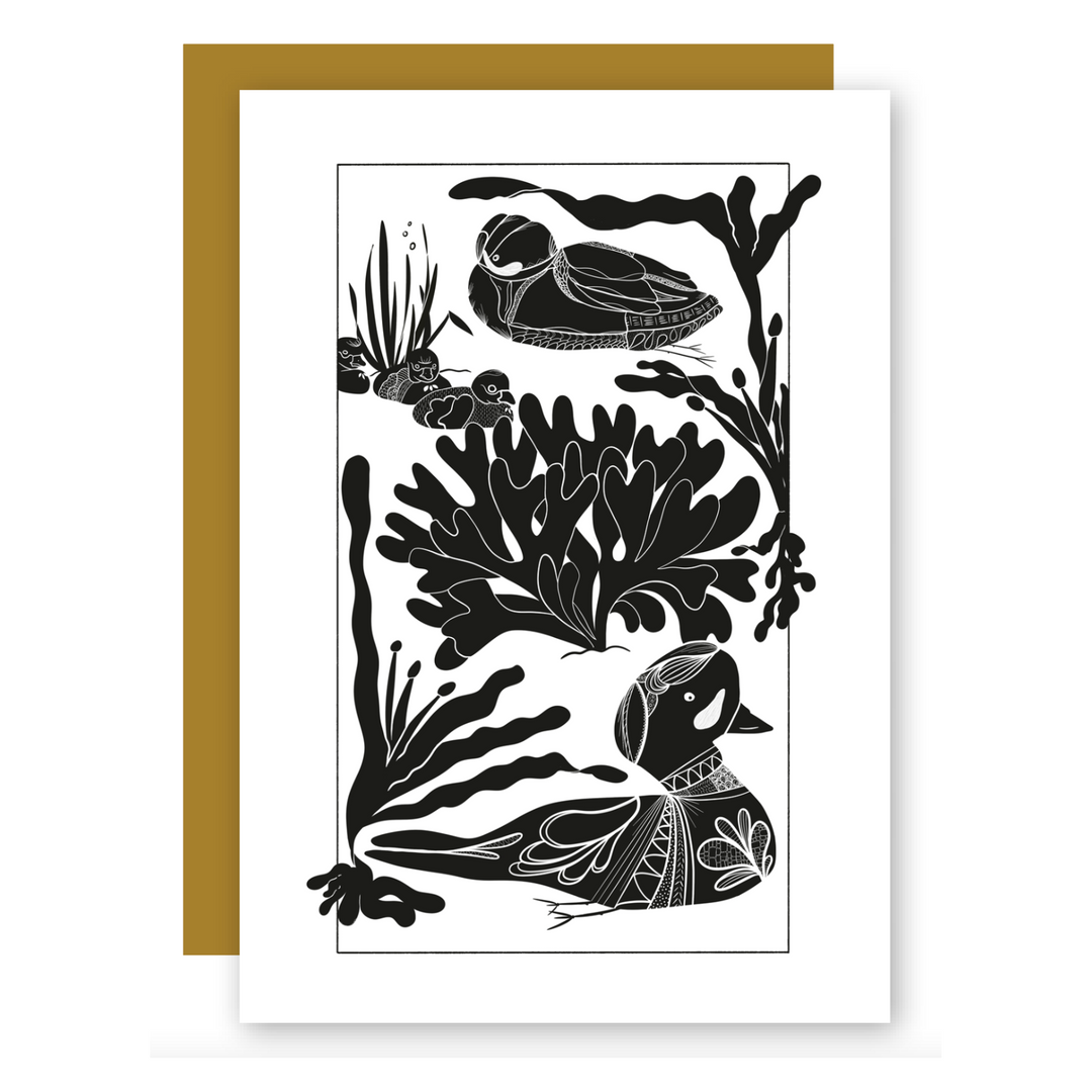 Dabbling Ducks w. Sea Plants & Ducklings - Eco Greeting Card + Recycled Envelope, Blank Inside (Words of Love)