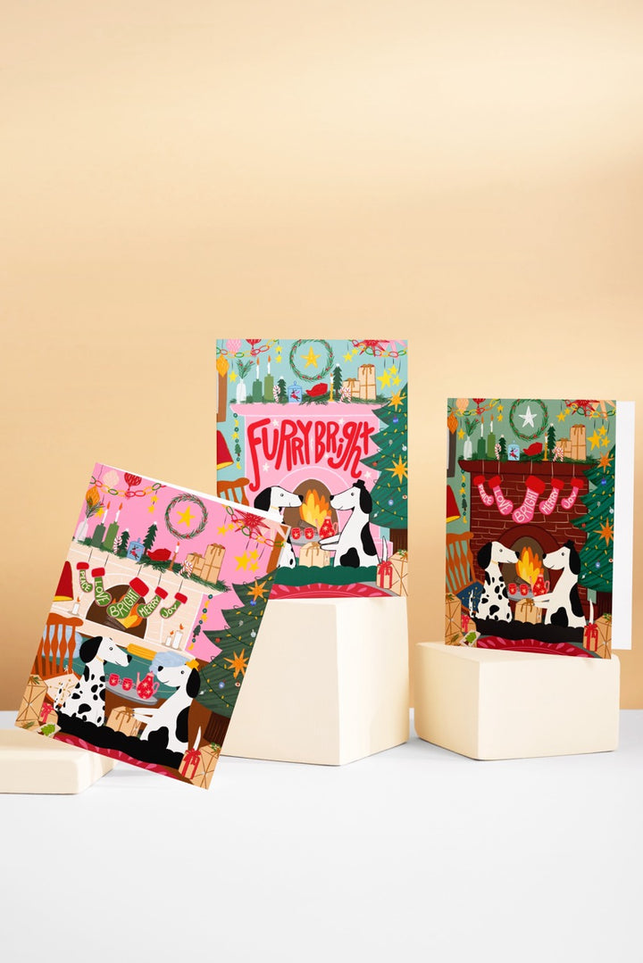 Cozy Fireplace Christmas Dogs Hand-Drawn Eco-Greeting Holiday Cards