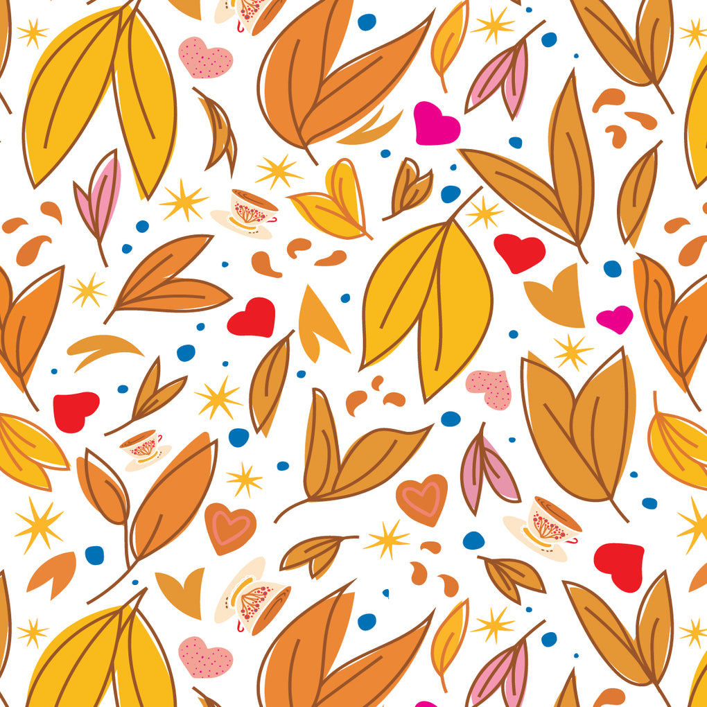 Pattern of autumn leaves, teacups, and hearts on a white background