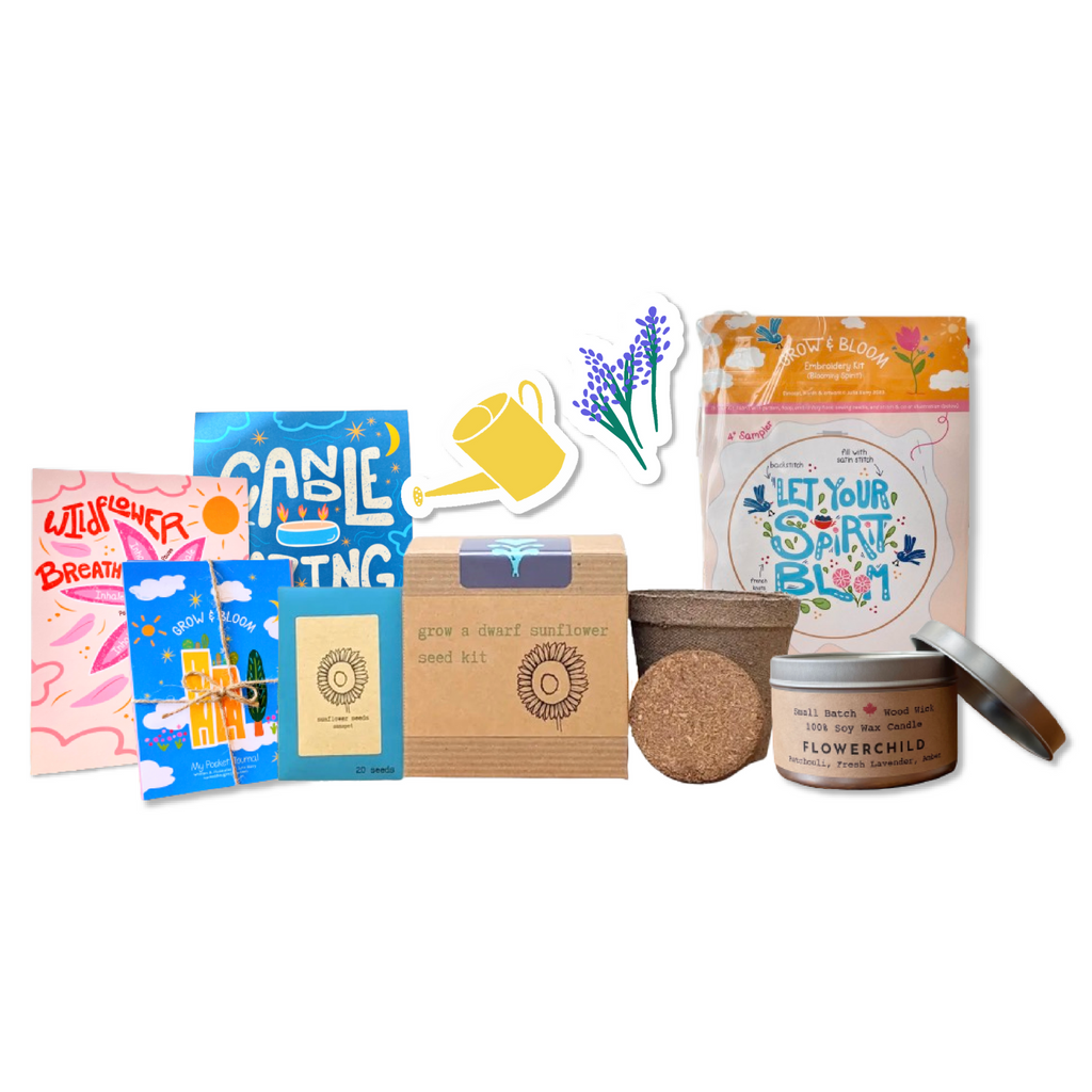 flower seed subscription box Flower Power Gift Box w. Dwarf Sunflower, Embroidery Kit, Meditation Cards, Soy Candle, & Journal (Grow & Bloom)
