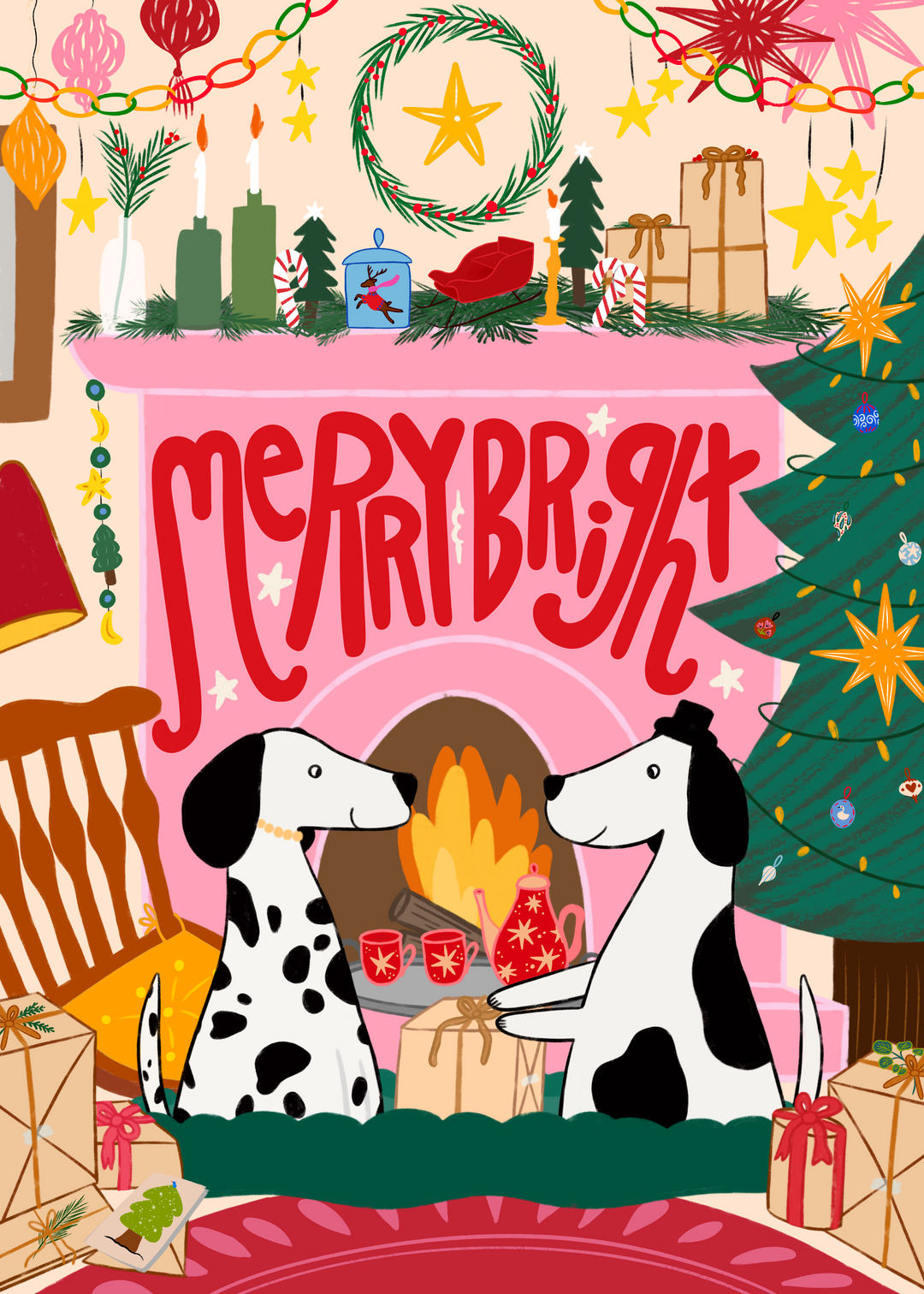 Cozy Fireplace Christmas Dogs Hand-Drawn Eco-Greeting Holiday Cards