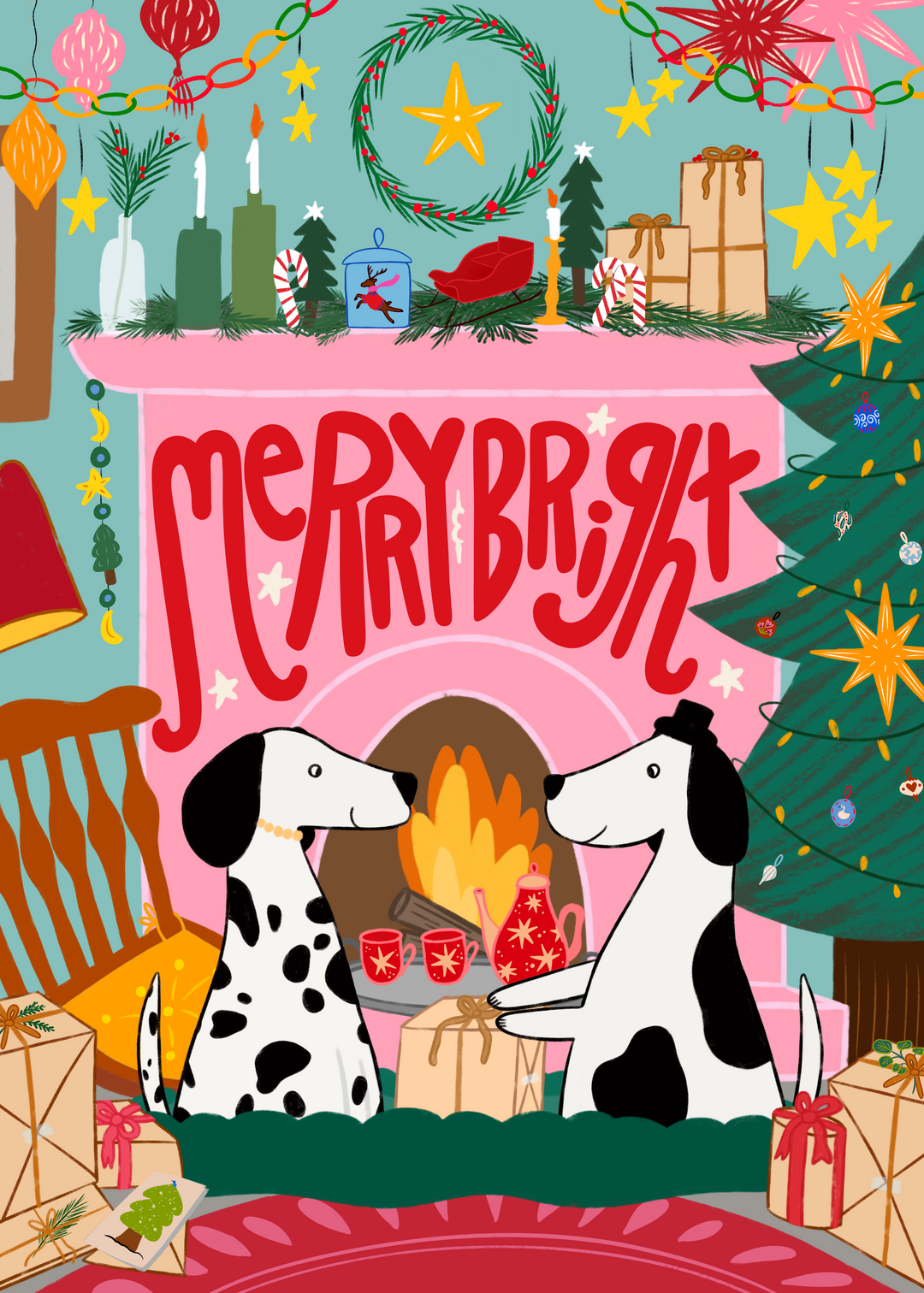 Cozy Fireplace Christmas Dogs Hand-Drawn Eco-Greeting Holiday Cards