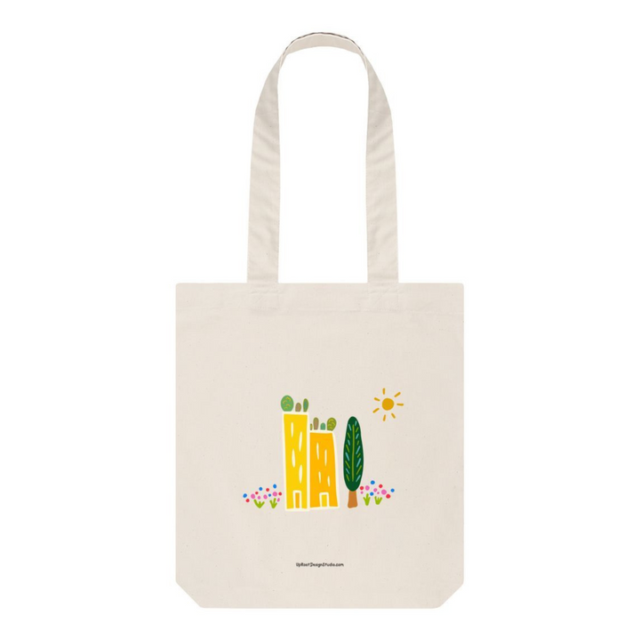 "Green Cities" 100% Organic Cotton Grocery Tote Bag w. Colorful Apartment Buildings, Rooftop Garden, Sun, Tree & Flowers