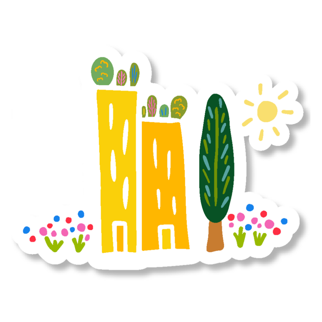 Green Cities Hand-Drawn Decal Sticker w. Buildings, Gardens, Flowers & Tree (Grow & Bloom)