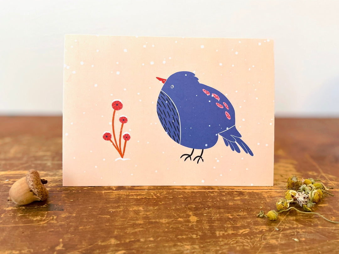 Blue Bird in Snow (on Peach) - Recycled Hand-Drawn Eco Greeting Card + Recycled Envelope, Blank inside (Winter Wishes)