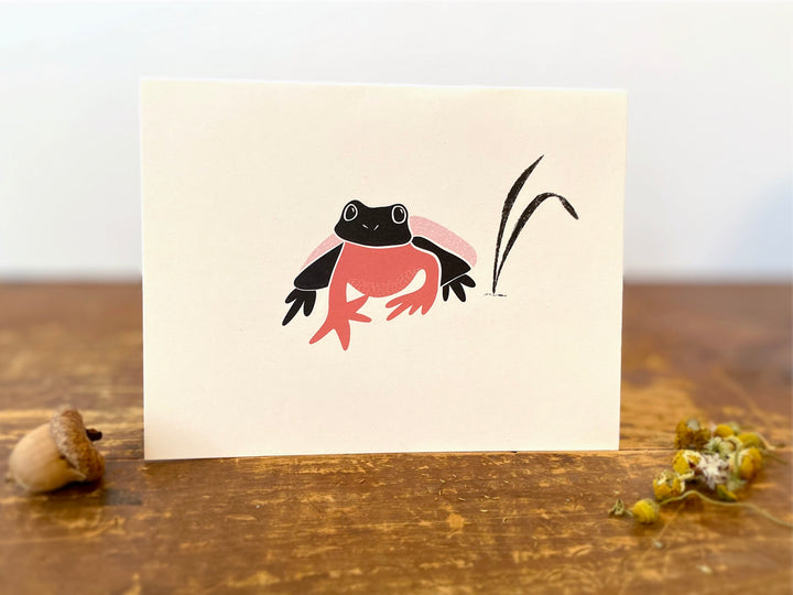Crouching Nordic Frog w. Reed - Recycled Hand-Drawn Eco Greeting Card + Recycled Envelope, Blank inside (Words of Love)