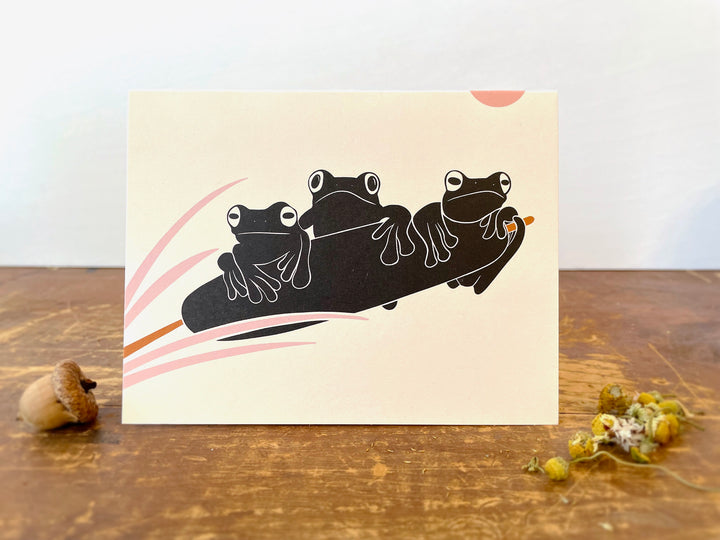 Nordic Frogs on Cattail w. Sun - Recycled Hand-Drawn Eco Greeting Card + Recycled Envelope, Blank inside (Words of Love)