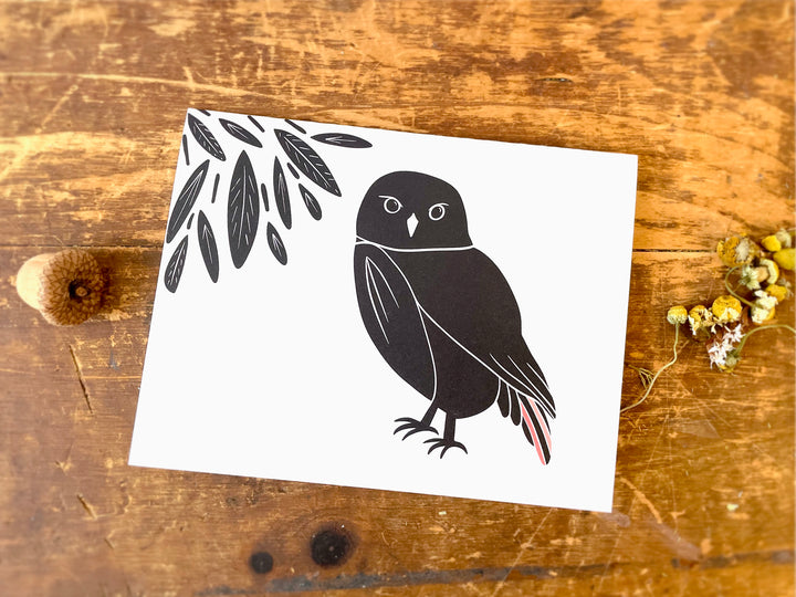 Nordic Owl w. Leaves - Recycled Hand-Drawn Eco Greeting Card + Recycled Envelope, Blank inside (Words of Love)