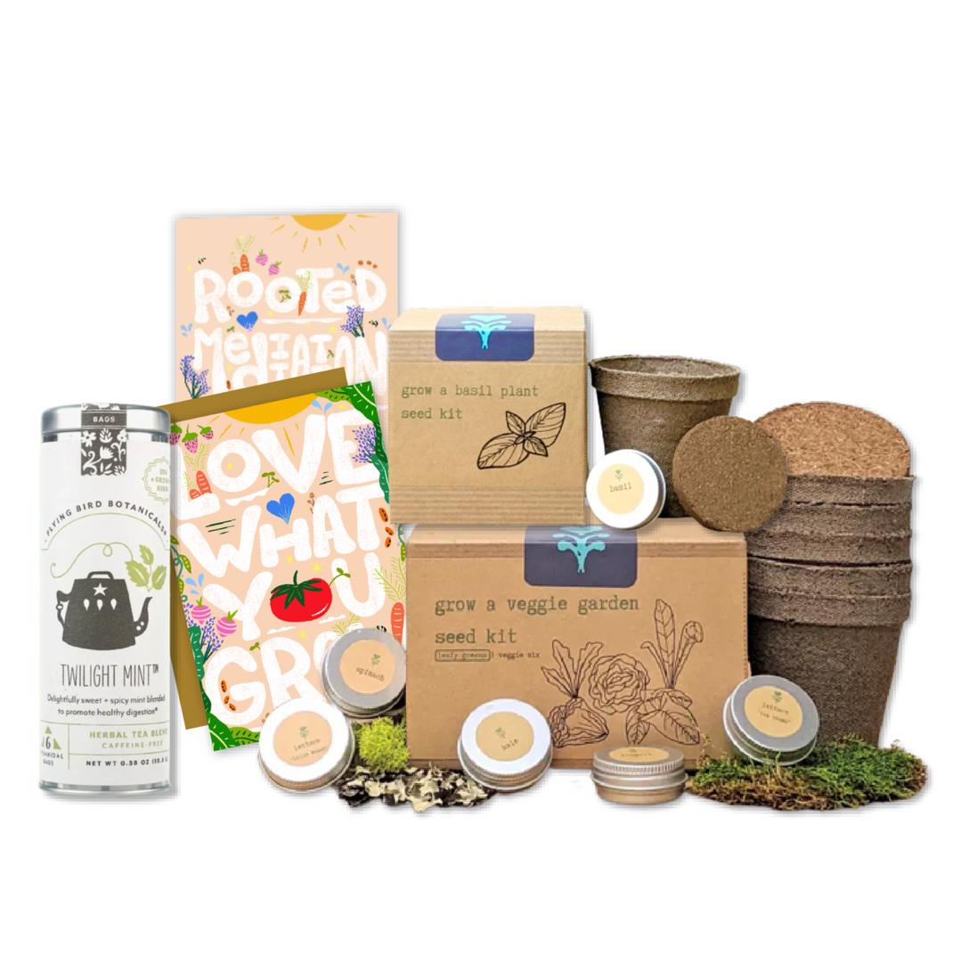 "Growing Wellness" Eco Gift Box: Basil & Leafy Greens Growing Kits, Mint Tea, Meditation Card, Greeting Card (Grow & Bloom)